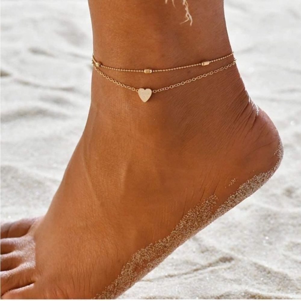 Gold 18k Gold Plated 2pc Heart Beaded Anklets